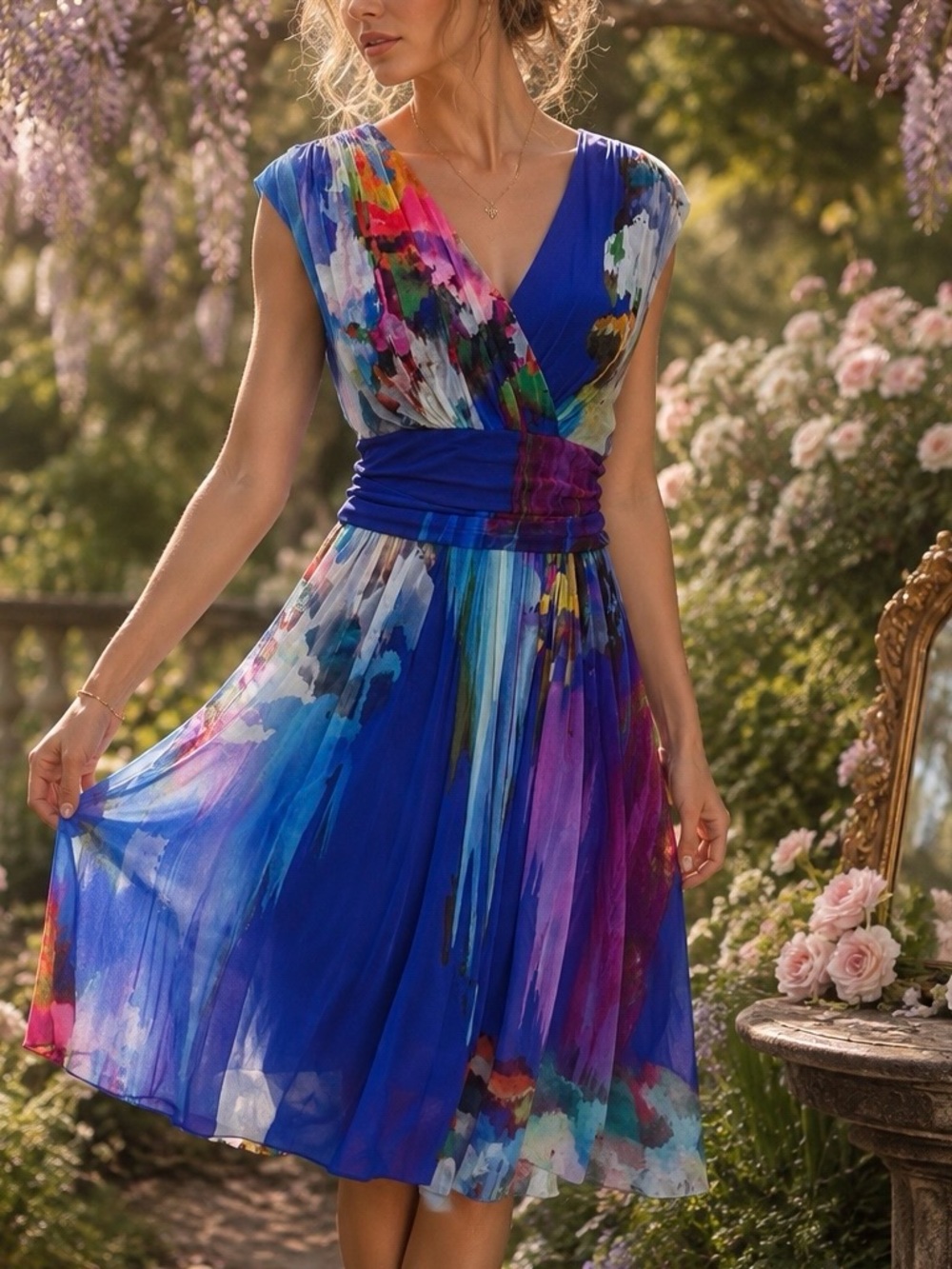 Elana Kattan Dress Women’s XL Fairycore Romantic Art Print Mesh Whimsical Party
